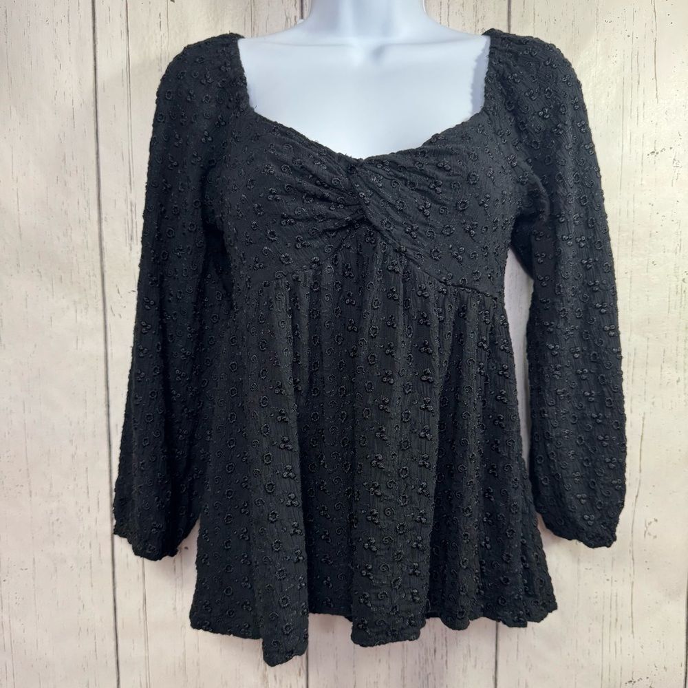 American Eagle Babydoll Black Embroidered Boho Peasant Blouse Size S Cottagecore